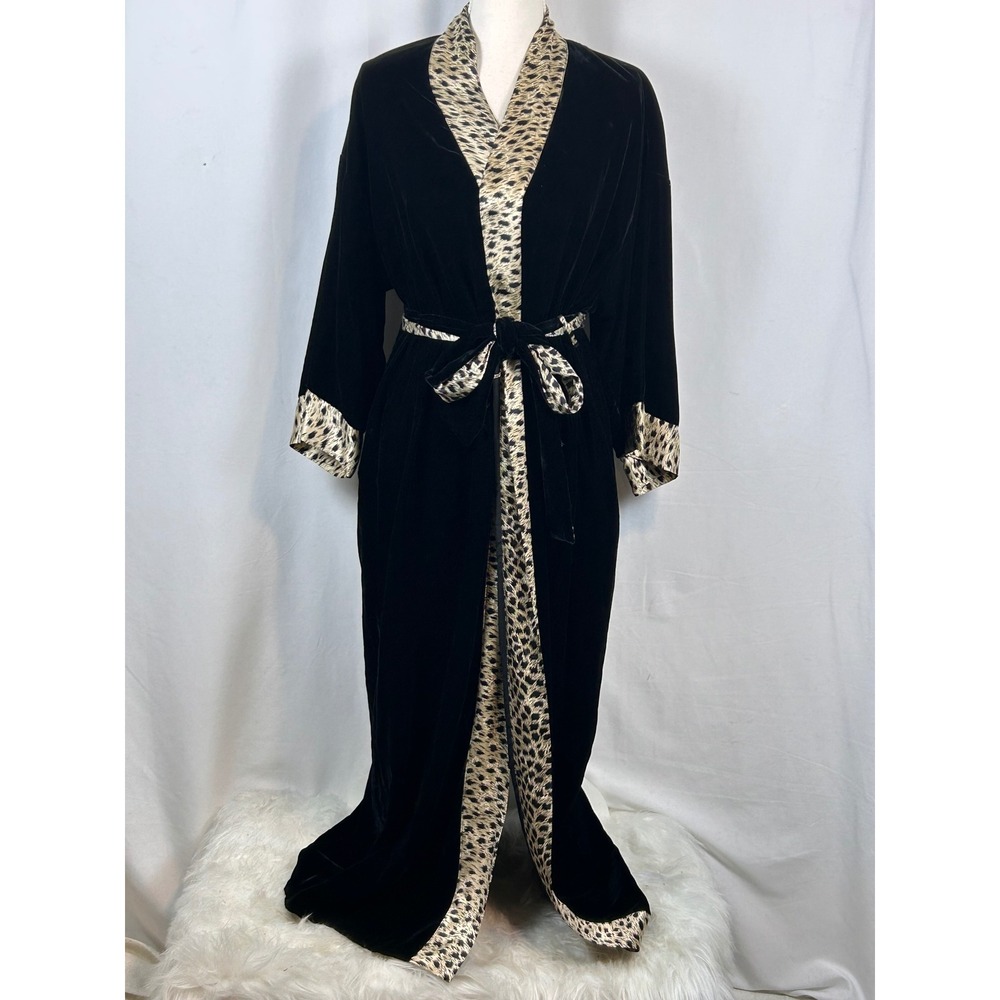 August Silk Velvet Robe Women Size 8 Black Leopard Trim Long Duster
